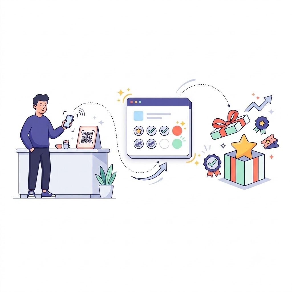 Physical counter QR scan, instant digital stamp card, and rewards flow